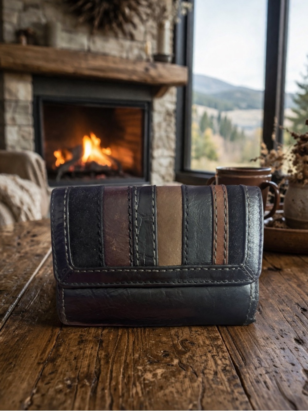 Fossil Vintage Ellis Multi-Stripe Leather Suede Wallet in Black, Brown & Tan